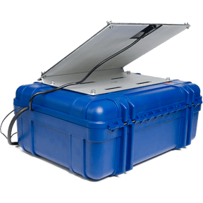 Blue deployment case with solar panel on top